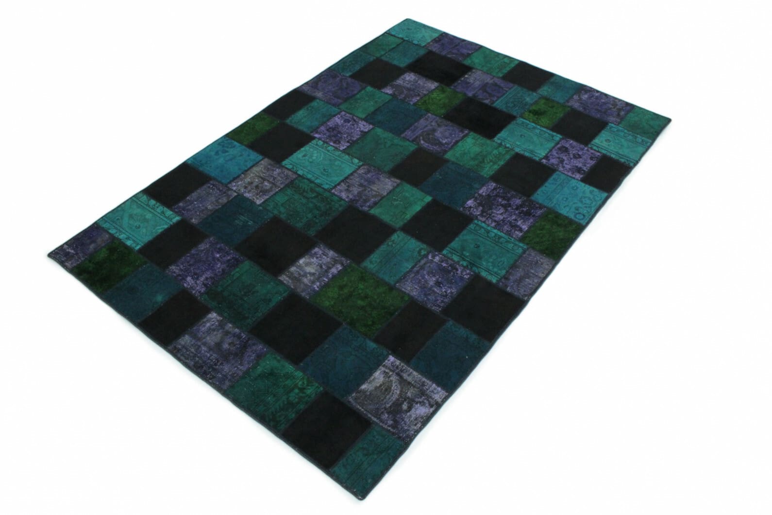 handgeknupfter-patchwork-orientteppich-310x201cm-turkis-lila-1 Oriental Rug — handmade, 308 × 200 cm, Wool