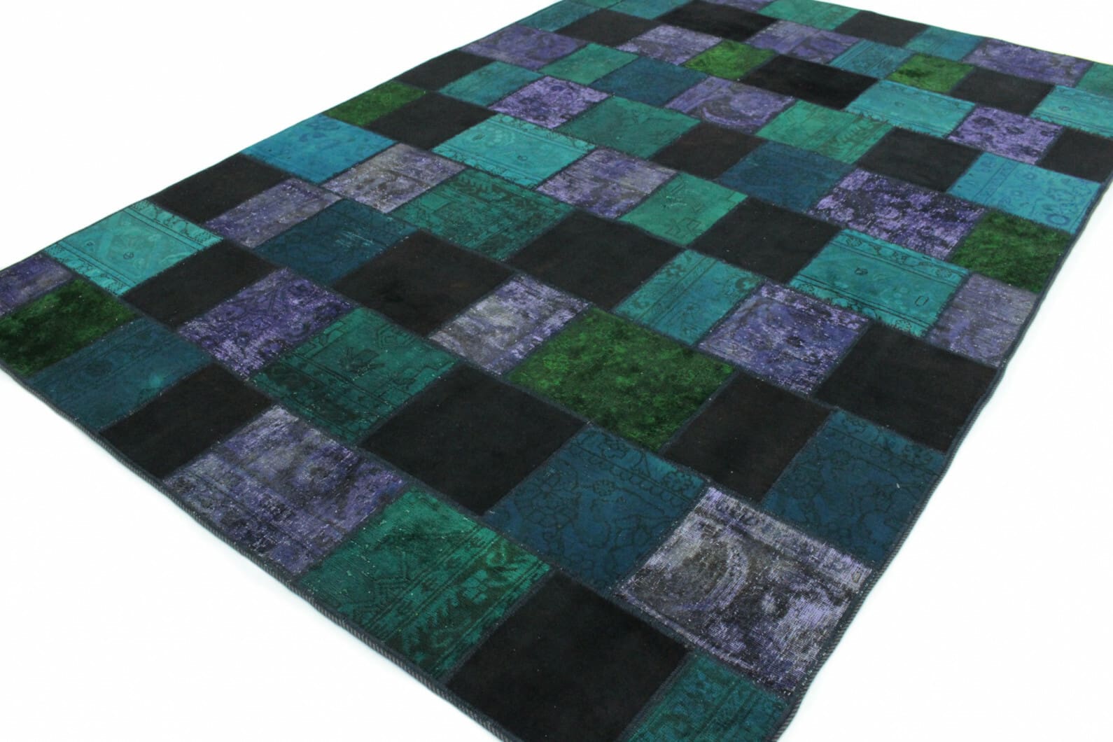 handgeknupfter-patchwork-orientteppich-310x201cm-turkis-lila-2 Oriental Rug — handmade, 308 × 200 cm, Wool