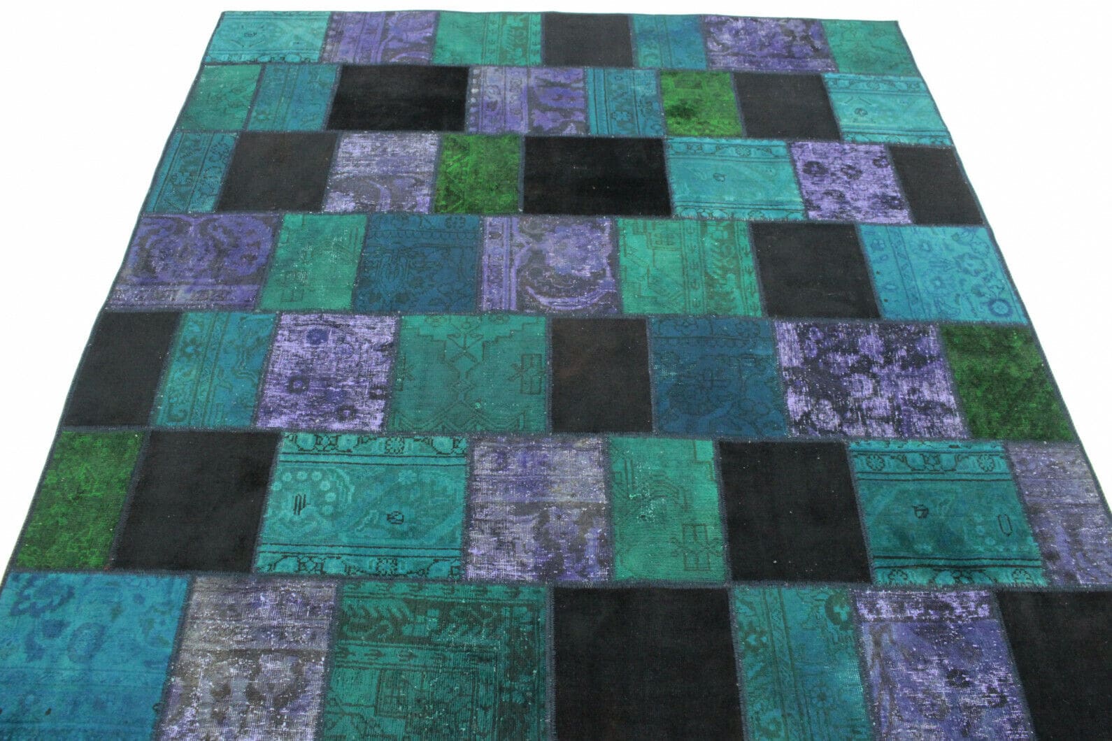 handgeknupfter-patchwork-orientteppich-310x201cm-turkis-lila-3 Oriental Rug — handmade, 308 × 200 cm, Wool