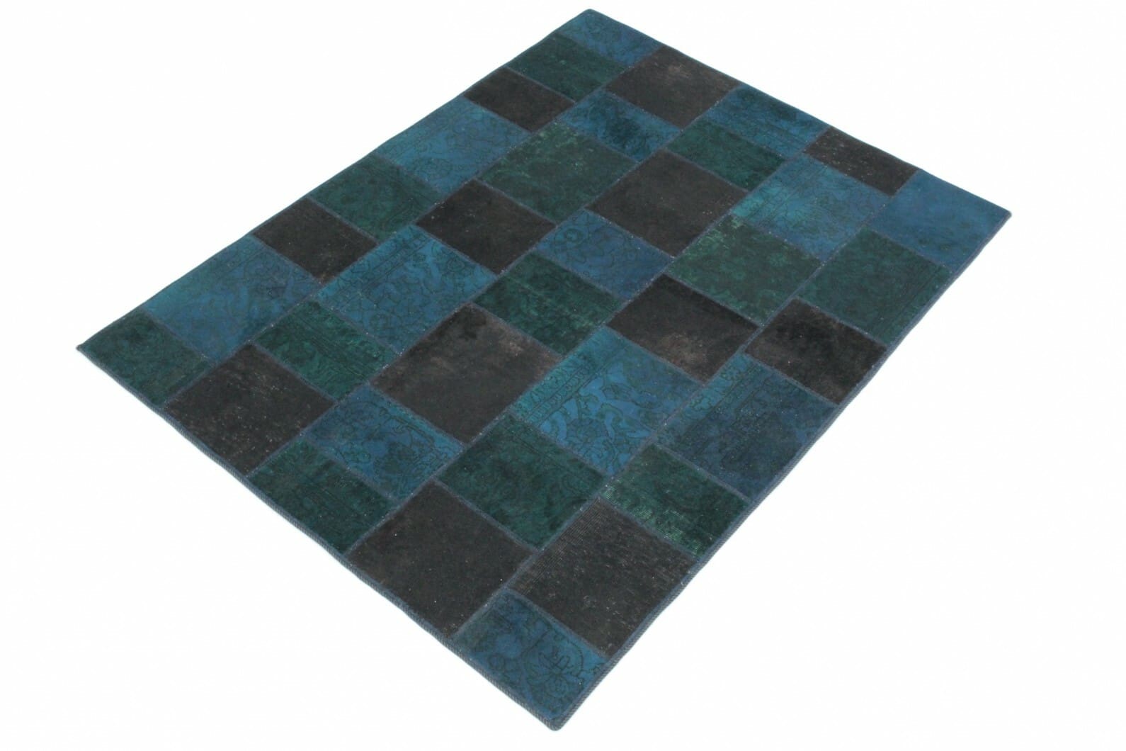 patchwork-teppich-200x151cm-blau-turkis-braun-handgeknupft-1 Oriental Rug — handmade, 200 × 150 cm, Wool