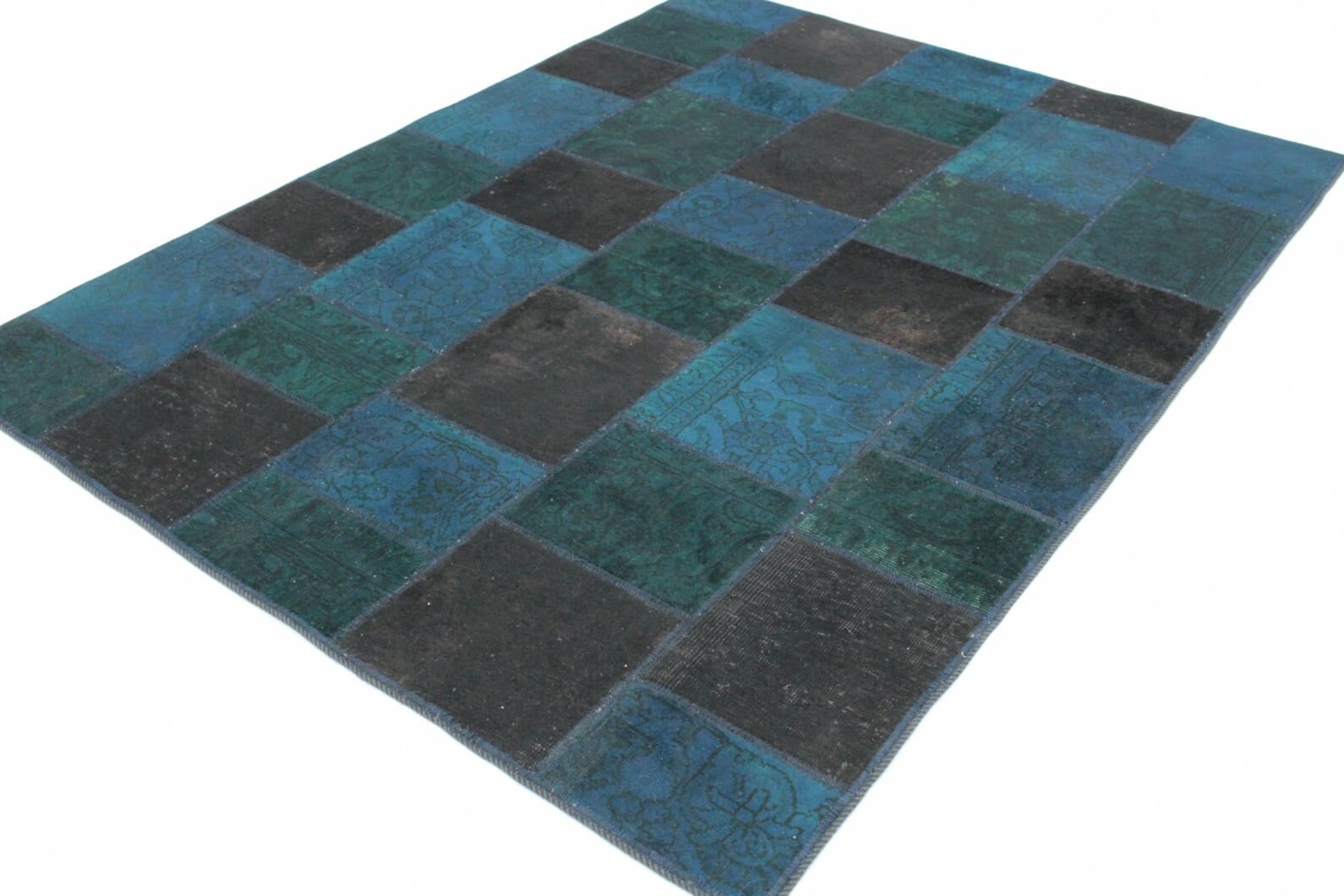 patchwork-teppich-200x151cm-blau-turkis-braun-handgeknupft-2 Oriental Rug — handmade, 200 × 150 cm, Wool