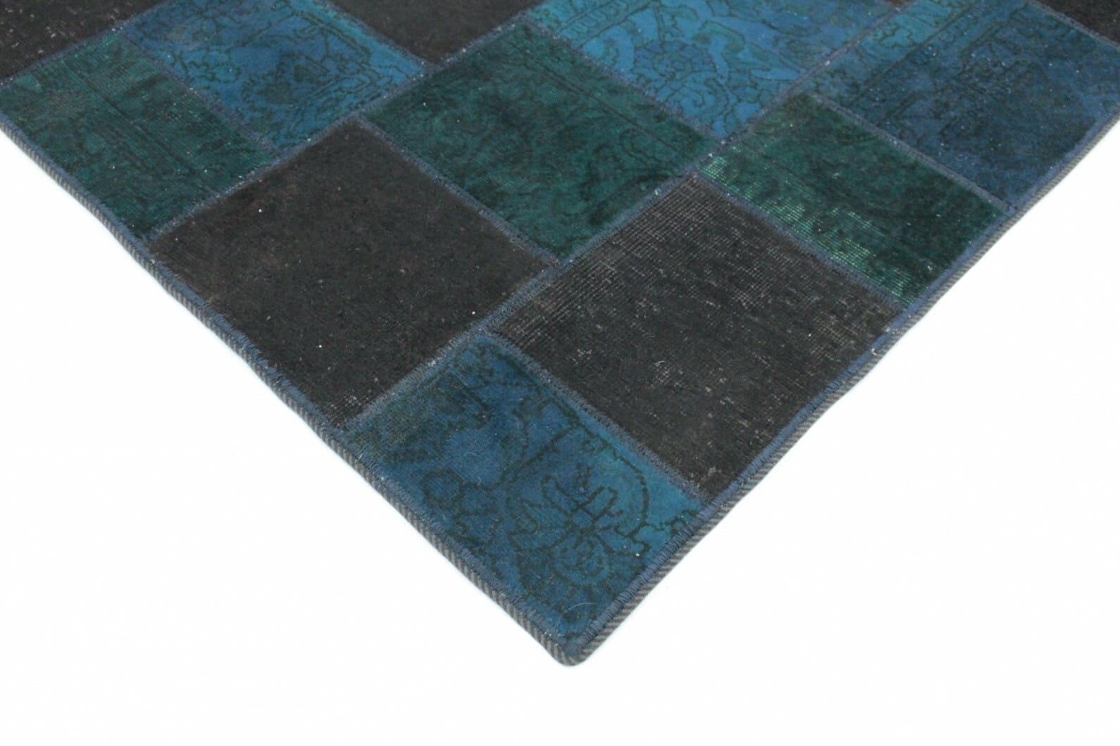 patchwork-teppich-200x151cm-blau-turkis-braun-handgeknupft-3 Oriental Rug — handmade, 200 × 150 cm, Wool