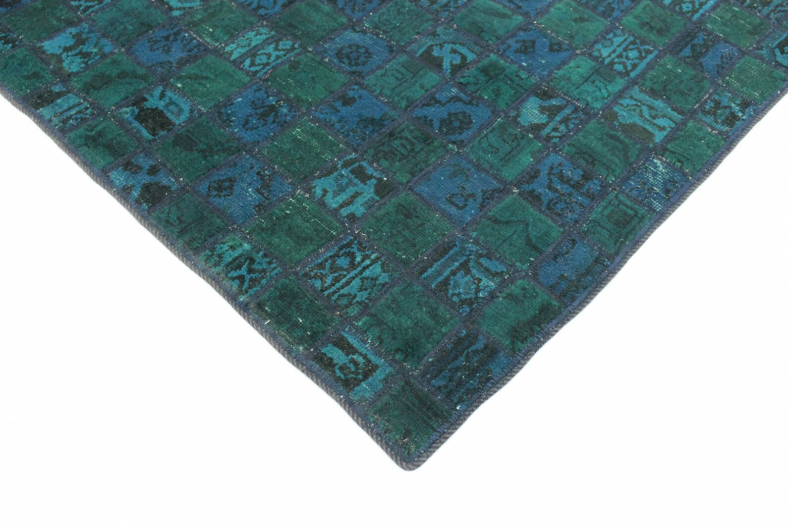 handgearbeiteter-patchwork-teppich-240x164cm-turkis-blau-handgeknupft-2 Handmade Wool Oriental Rug, 240 × 163 cm