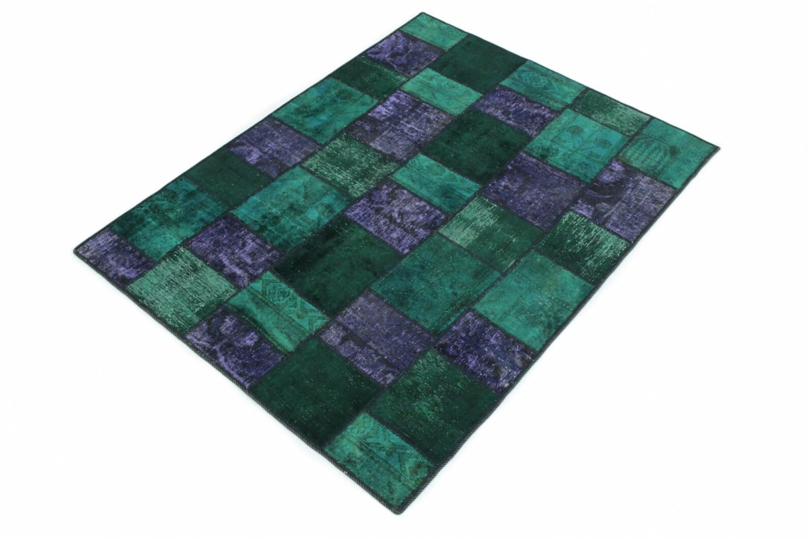 handgeknupfter-patchwork-teppich-202x151cm-grun-lila-orientteppich-1 Handmade Wool Oriental Rug, 200 × 150 cm