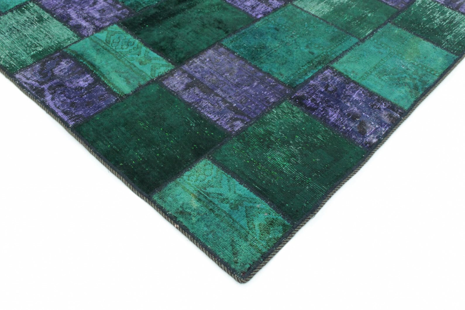 handgeknupfter-patchwork-teppich-202x151cm-grun-lila-orientteppich-2 Handmade Wool Oriental Rug, 200 × 150 cm