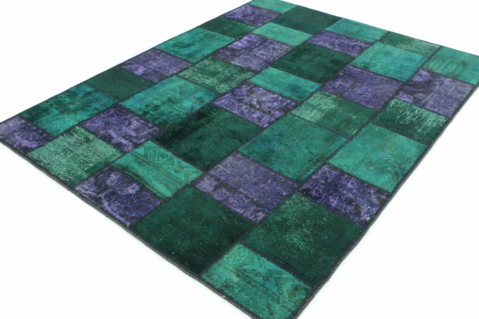 handgeknupfter-patchwork-teppich-202x151cm-grun-lila-orientteppich-3 Handmade Wool Oriental Rug, 200 × 150 cm