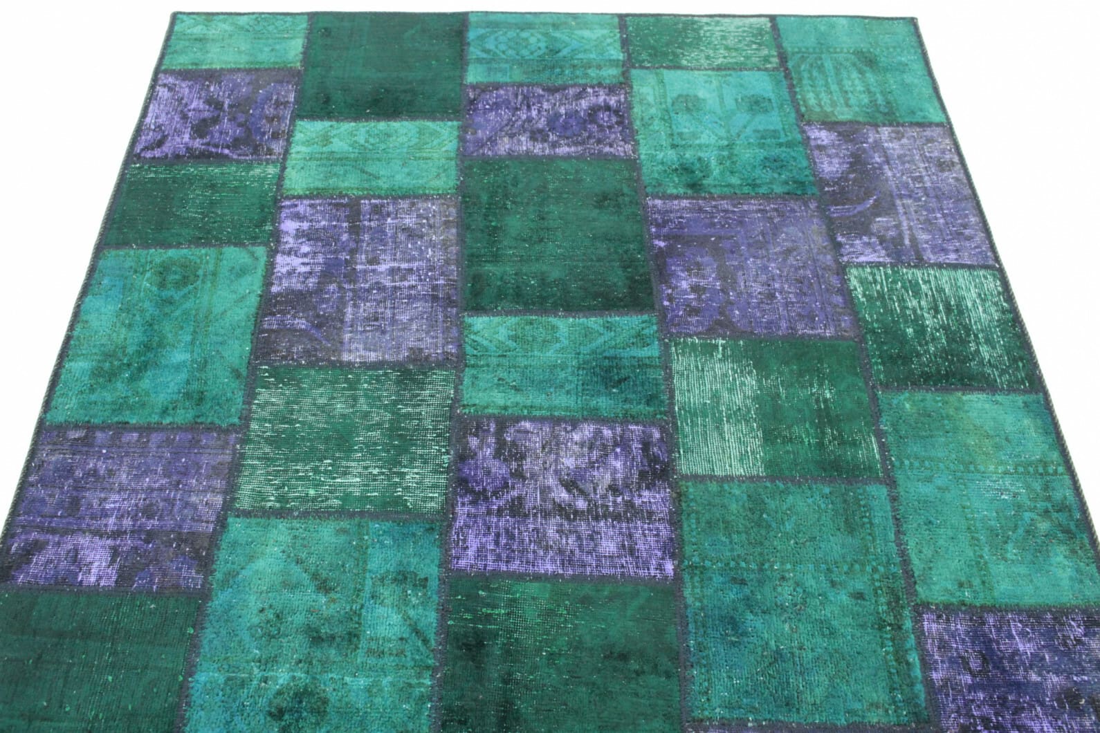 handgeknupfter-patchwork-teppich-202x151cm-grun-lila-orientteppich-4 Handmade Wool Oriental Rug, 200 × 150 cm