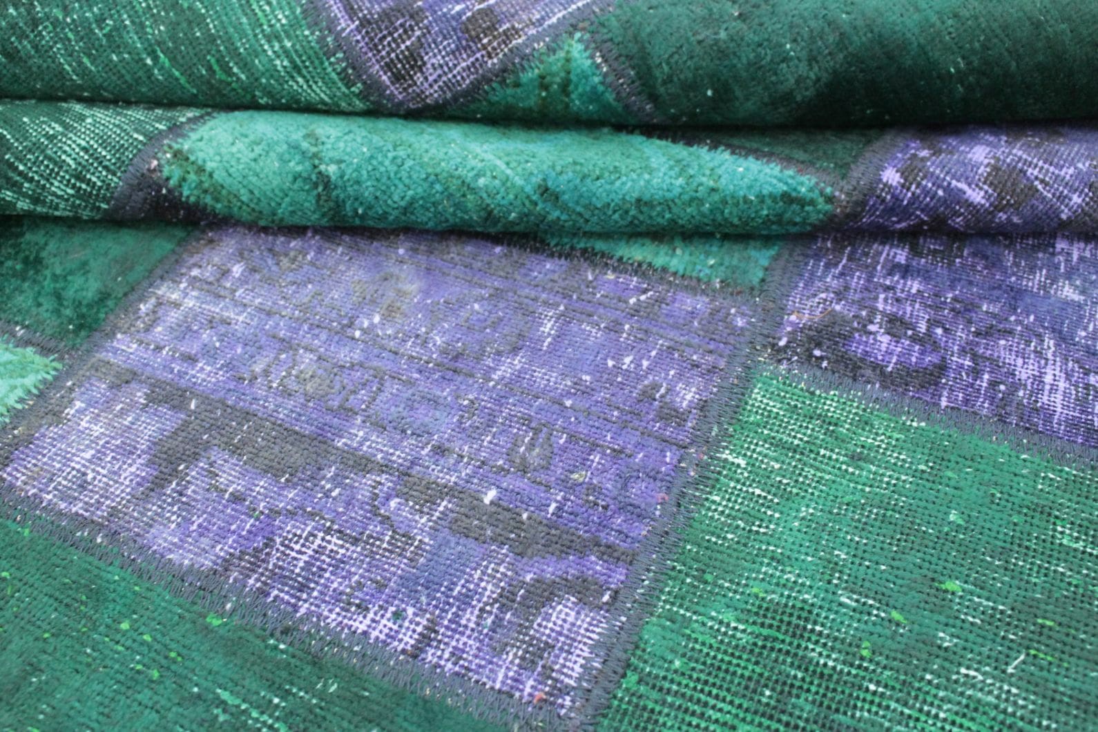 handgeknupfter-patchwork-teppich-202x151cm-grun-lila-orientteppich-5 Handmade Wool Oriental Rug, 200 × 150 cm