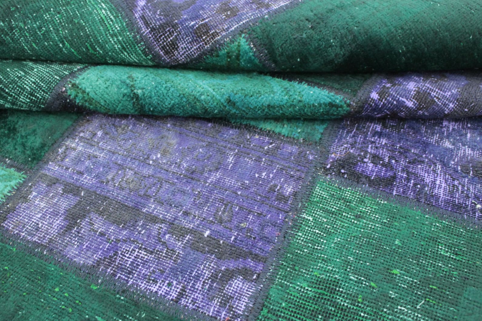 handgeknupfter-patchwork-teppich-202x151cm-grun-lila-orientteppich-6 Handmade Wool Oriental Rug, 200 × 150 cm
