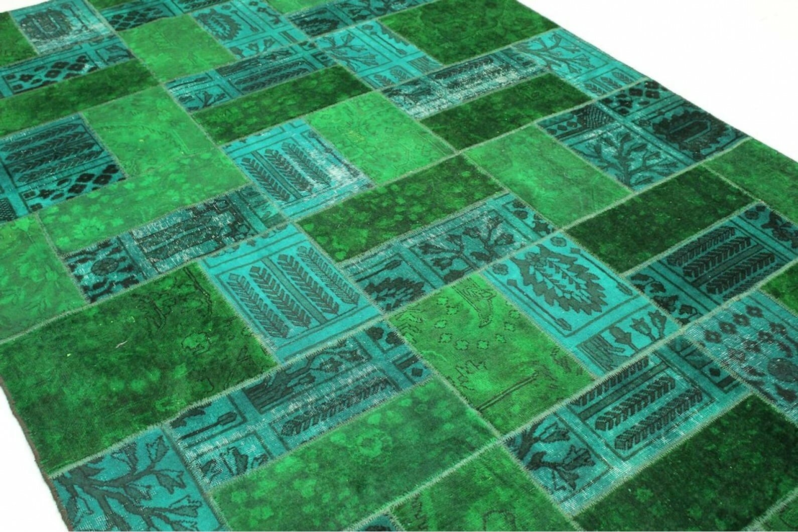 patchwork-teppich-grun-turkis-310x201cm-handgeknupft-orientteppich-2 Oriental Rug — hand-knotted, 308 × 200 cm, Wool