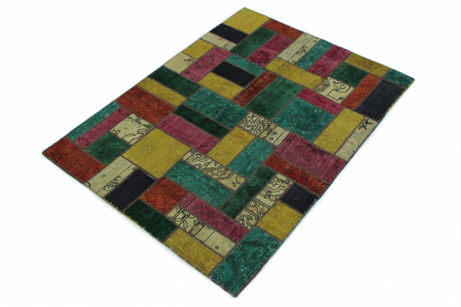 patchwork-teppich-202x151-cm-turkis-grun-gelb-pink-handgeknupft-1 Oriental Rug 202 × 150 cm, Wool, handmade