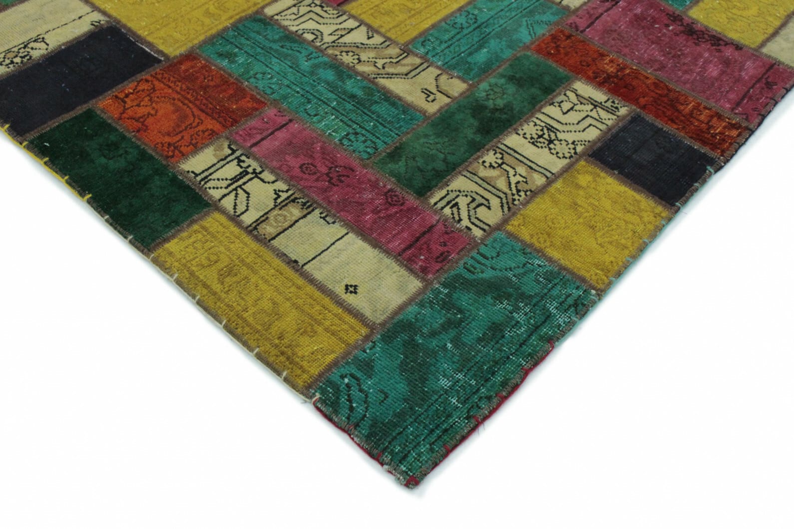 patchwork-teppich-202x151-cm-turkis-grun-gelb-pink-handgeknupft-2 Oriental Rug 202 × 150 cm, Wool, handmade