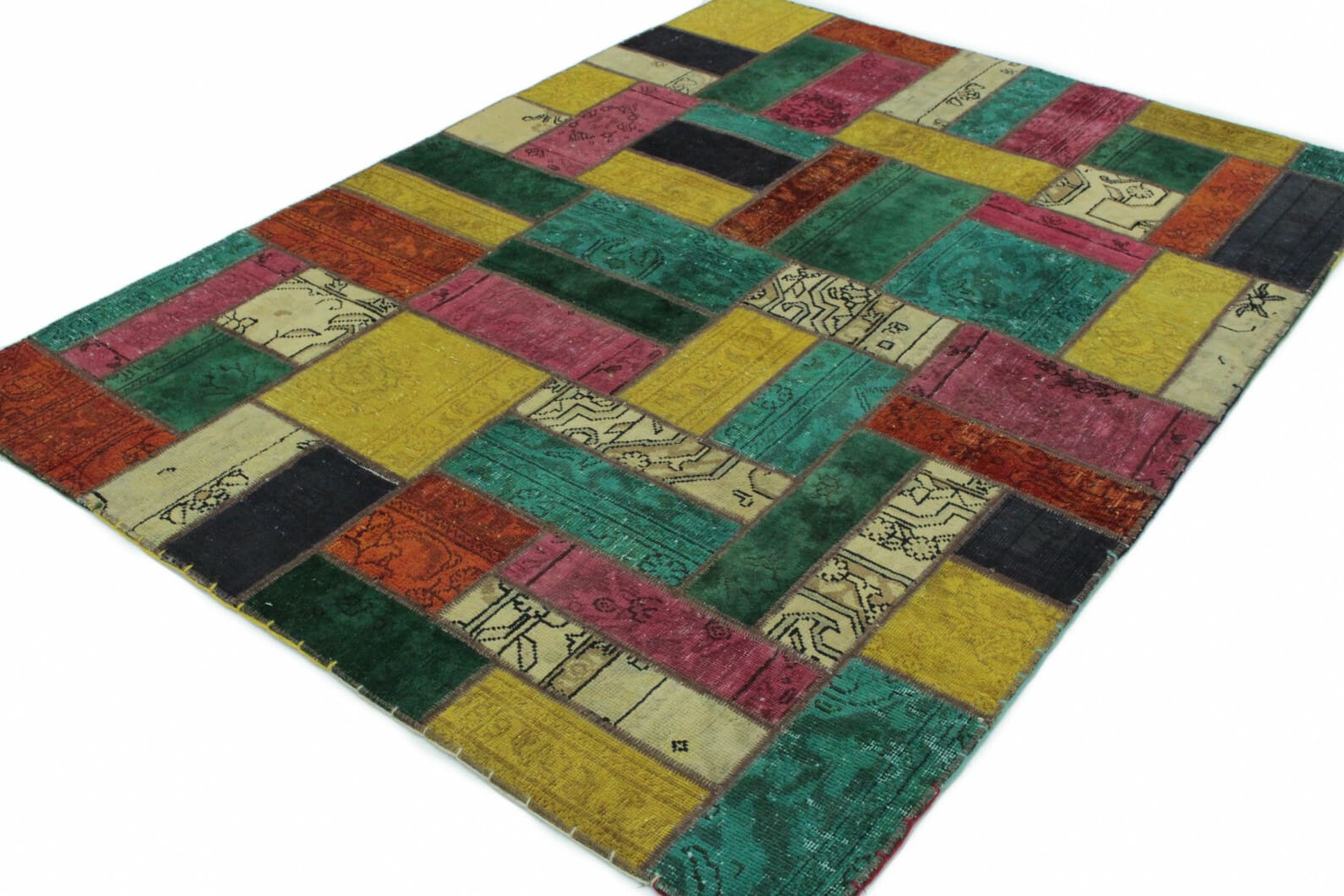 patchwork-teppich-202x151-cm-turkis-grun-gelb-pink-handgeknupft-3 Oriental Rug 202 × 150 cm, Wool, handmade