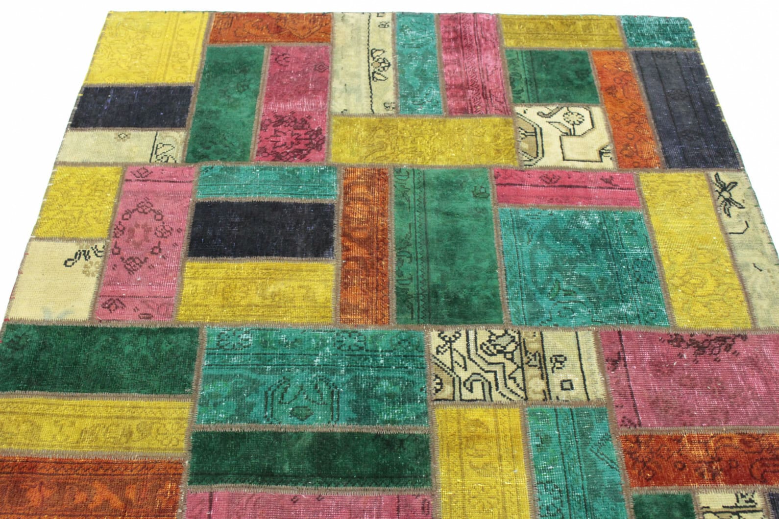 patchwork-teppich-202x151-cm-turkis-grun-gelb-pink-handgeknupft-4 Oriental Rug 202 × 150 cm, Wool, handmade
