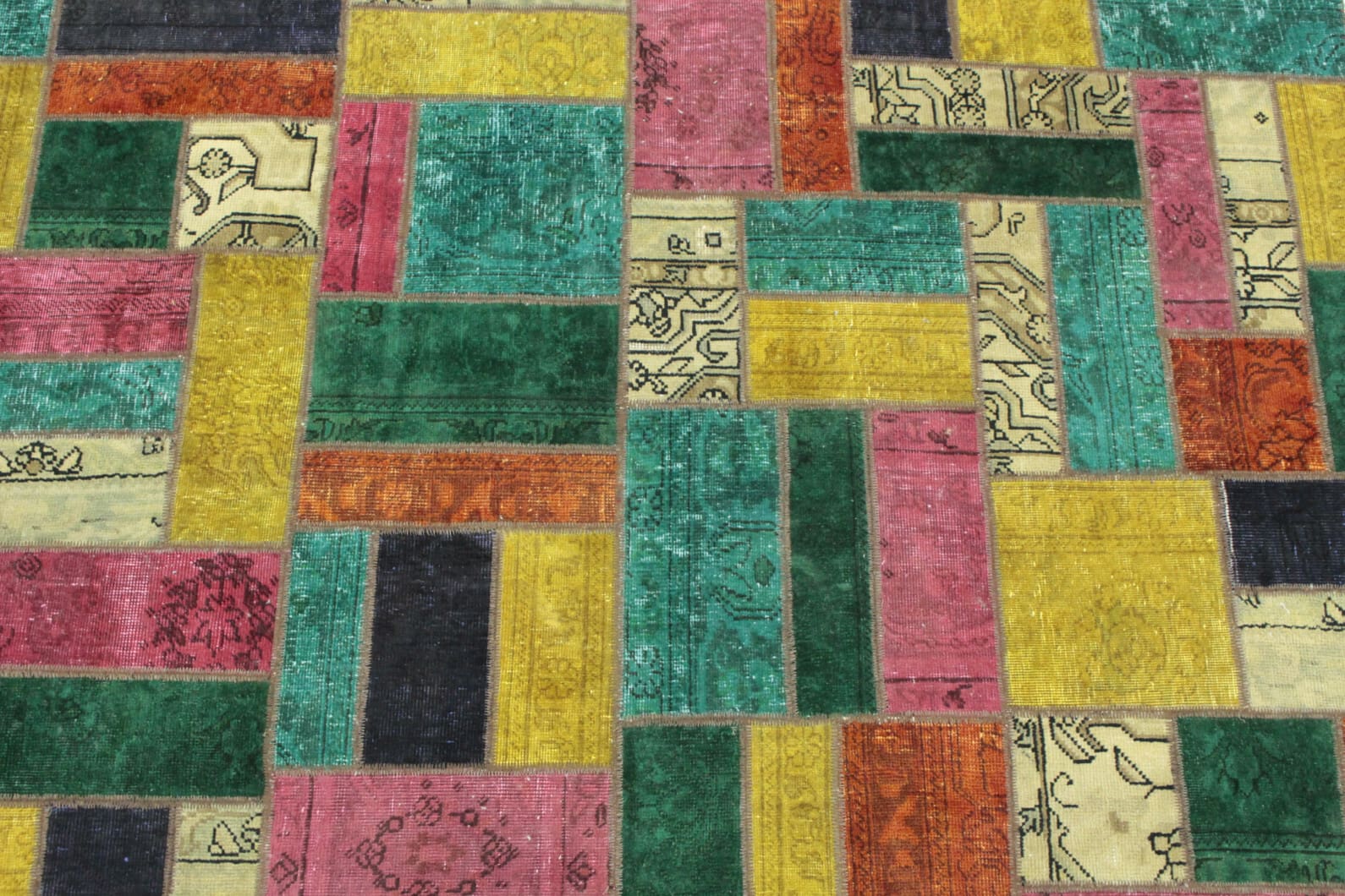 patchwork-teppich-202x151-cm-turkis-grun-gelb-pink-handgeknupft-5 Oriental Rug 202 × 150 cm, Wool, handmade