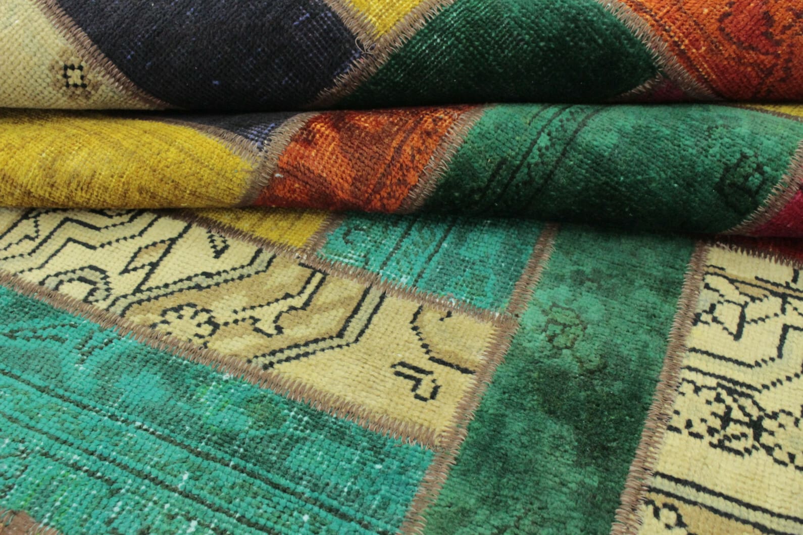 patchwork-teppich-202x151-cm-turkis-grun-gelb-pink-handgeknupft-6 Oriental Rug 202 × 150 cm, Wool, handmade