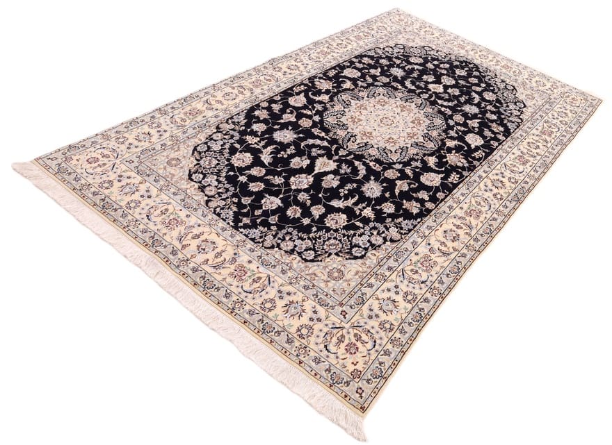 dunkelblauer-nain-teppich-244x143-cm-800000-knoten-handgeknupft-1 Hand-Knotted Wool & Silk Nain Persian Rug, 242 × 142 cm