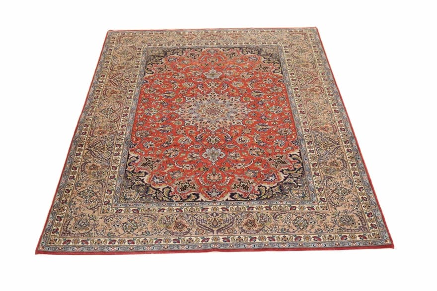 handgeknupfter-isfahan-orientteppich-237x156cm-in-rot-und-blau-1 Hand-Knotted Wool & Silk Isfahan Persian Rug, 235 × 155 cm