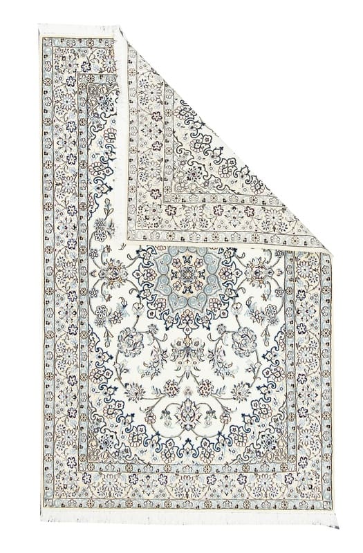 rugeast-nain-9-la-orientteppich-214x132-cm-elfenbein-blau-handgeknupft-1 Nain Persian Rug 212 × 131 cm, Wool & Silk, hand-knotted