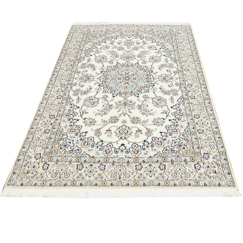 rugeast-nain-9-la-orientteppich-214x132-cm-elfenbein-blau-handgeknupft-2 Nain Persian Rug 212 × 131 cm, Wool & Silk, hand-knotted
