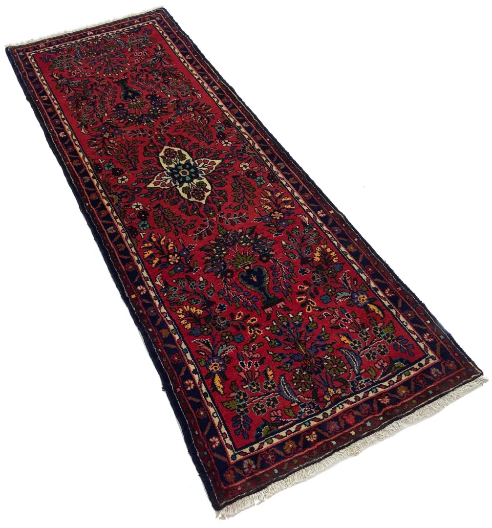 mahal-teppich-227-x-81-cm-rot-mit-blumenmuster-handgeknupft-2 Hand-Knotted Wool Persian Rug, 227 × 81 cm