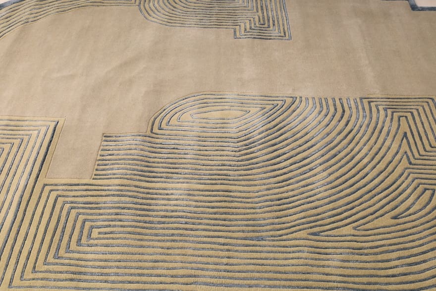 exklusiver-orientteppich-292x201-cm-in-beige-blau-geometrisch-handgeknupft-8 Hand-Knotted Wool Indian Rug, 290 × 200 cm