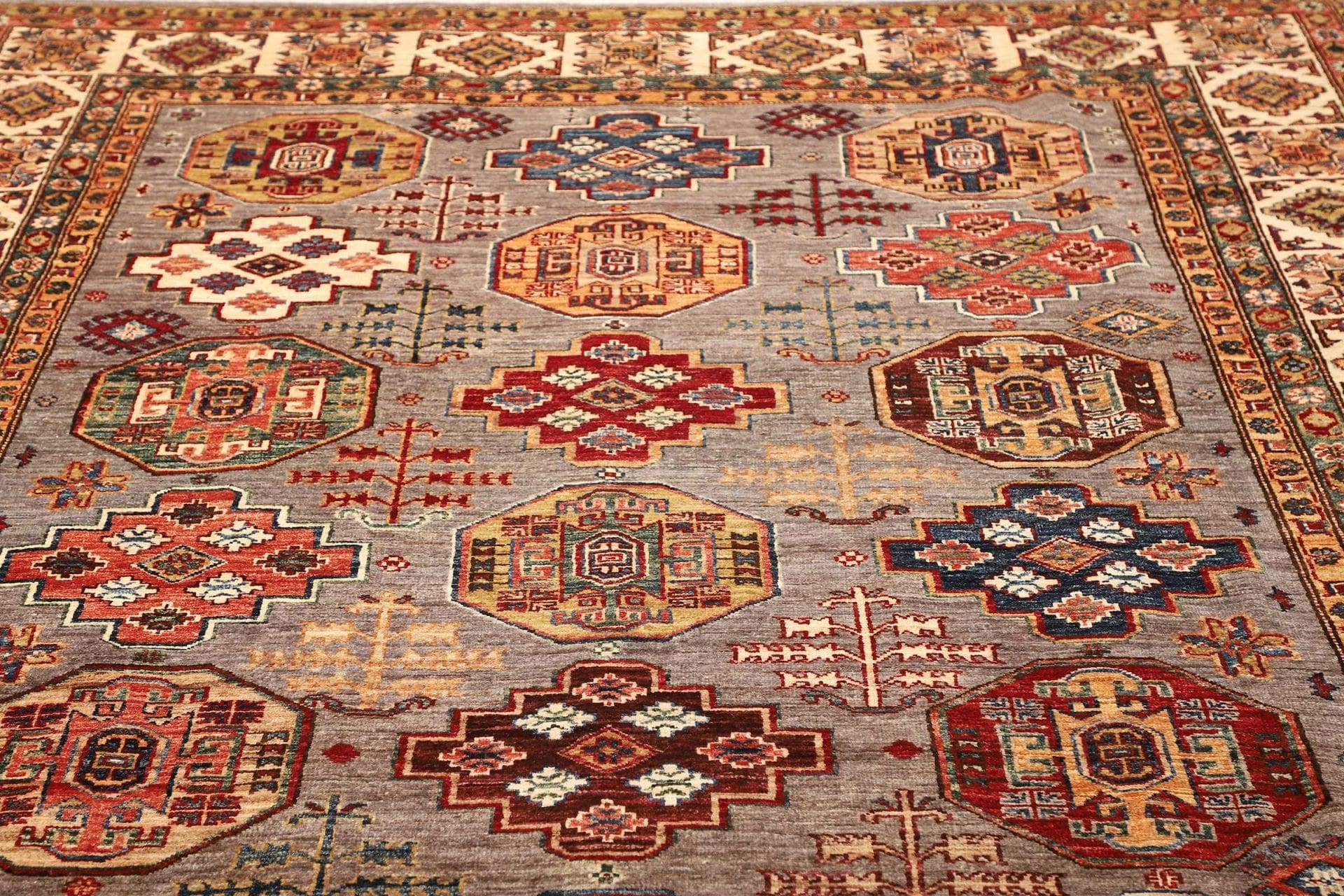 kazak-orientteppich-213-x-307-cm-handgeknupft-geometrische-muster-7 Kazak Pakistani Rug — hand-knotted, 213 × 307 cm, Wool