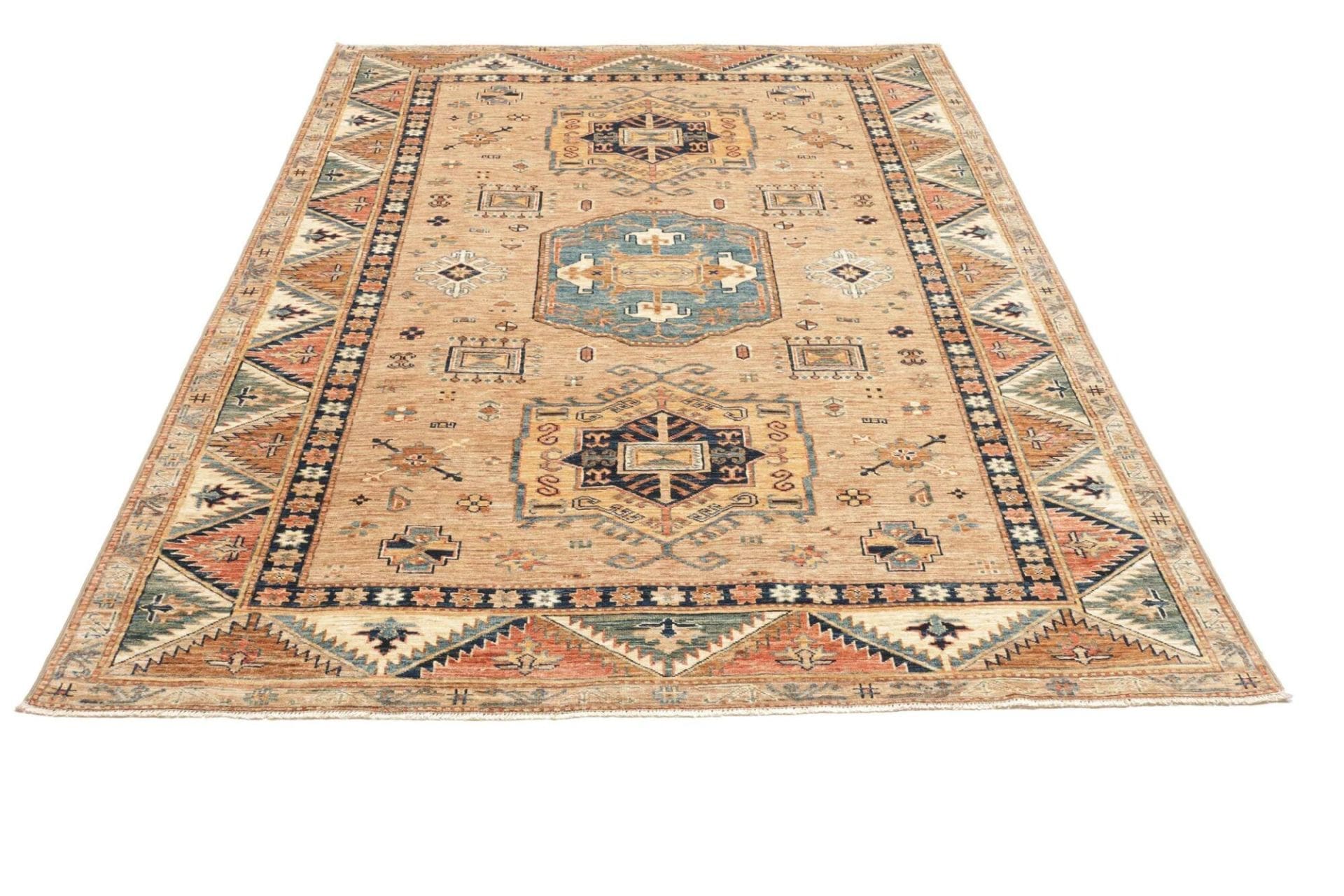kazak-teppich-171-x-238-cm-schurwolle-geometrische-muster-handgeknupft-3 Hand-Knotted Wool Kazak Pakistani Rug, 171 × 238 cm