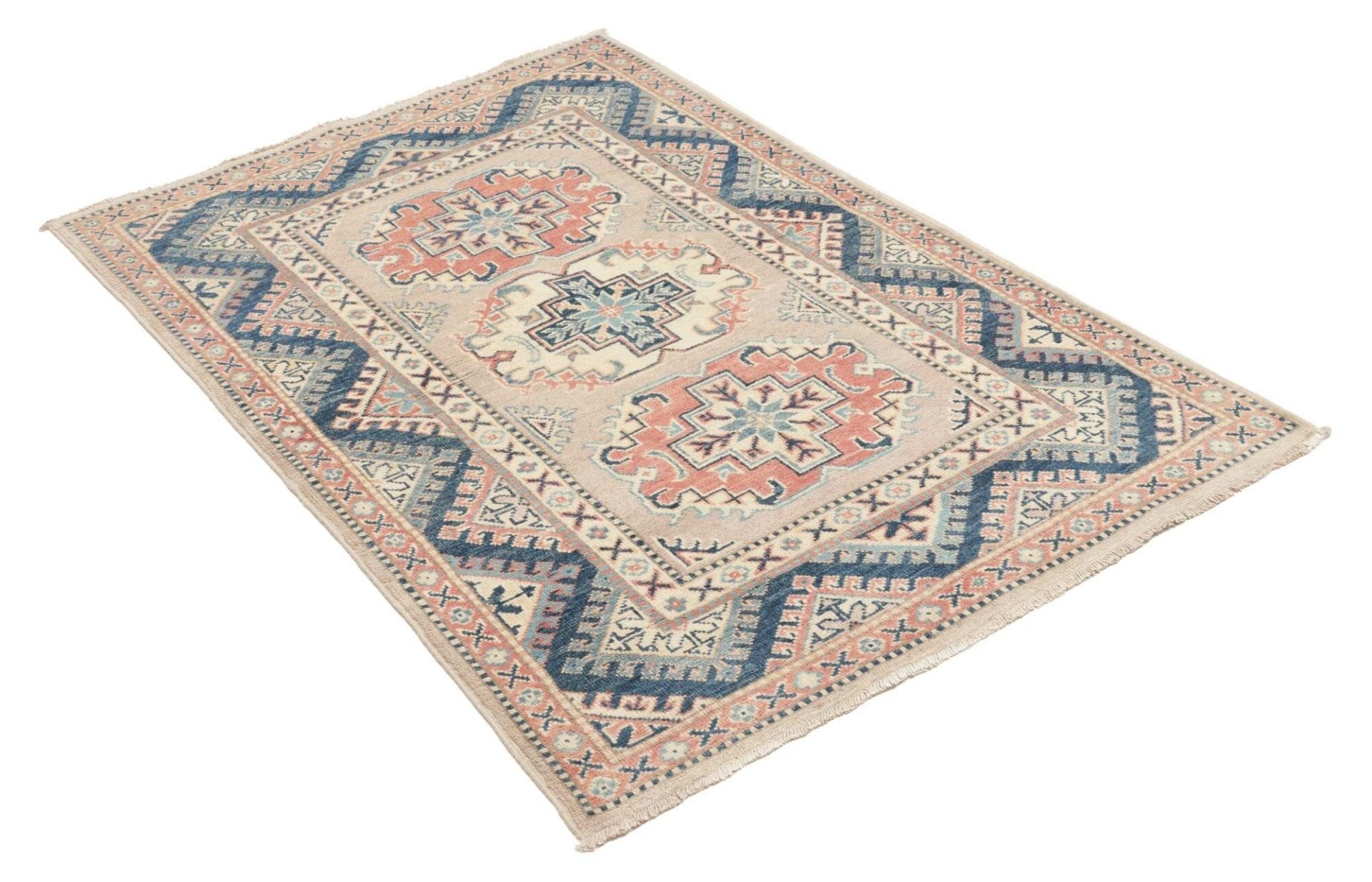 handgeknupfter-kazak-teppich-99-x-141cm-geometrisches-muster-orientteppich-2 Kazak Pakistani Rug — hand-knotted, 99 × 141 cm, Wool