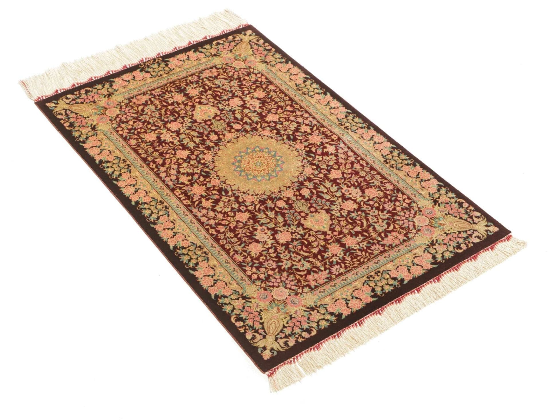 Hand-Knotted Silk Qom Persian Rug, 62 × 89 cm