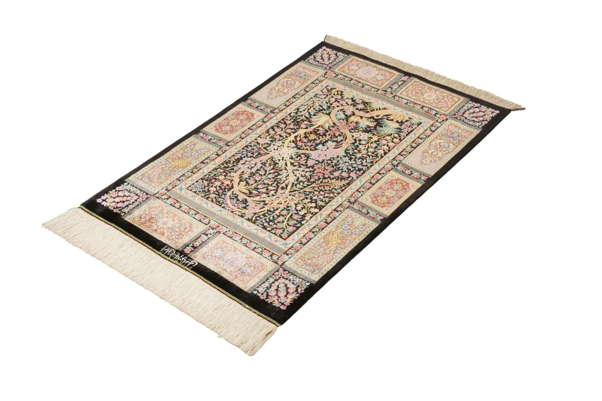 Qom Persian Rug — hand-knotted, 63 × 92 cm, Silk