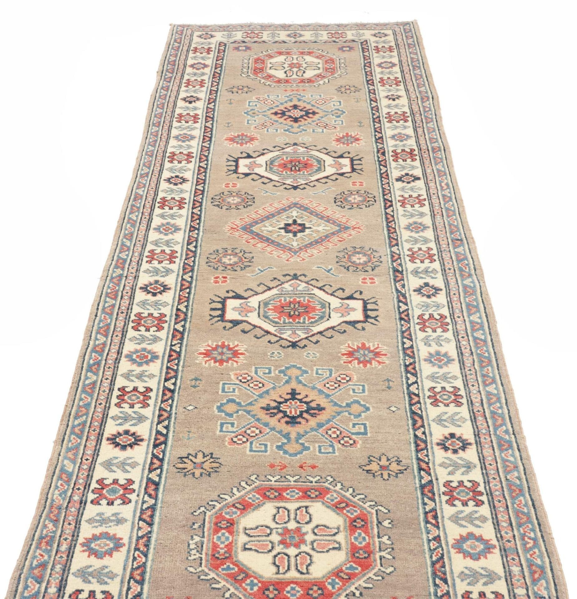 kazak-teppich-88-x-291-cm-handgeknupft-geometrische-muster-wolle-3 Hand-Knotted Wool Kazak Pakistani Rug, 88 × 291 cm