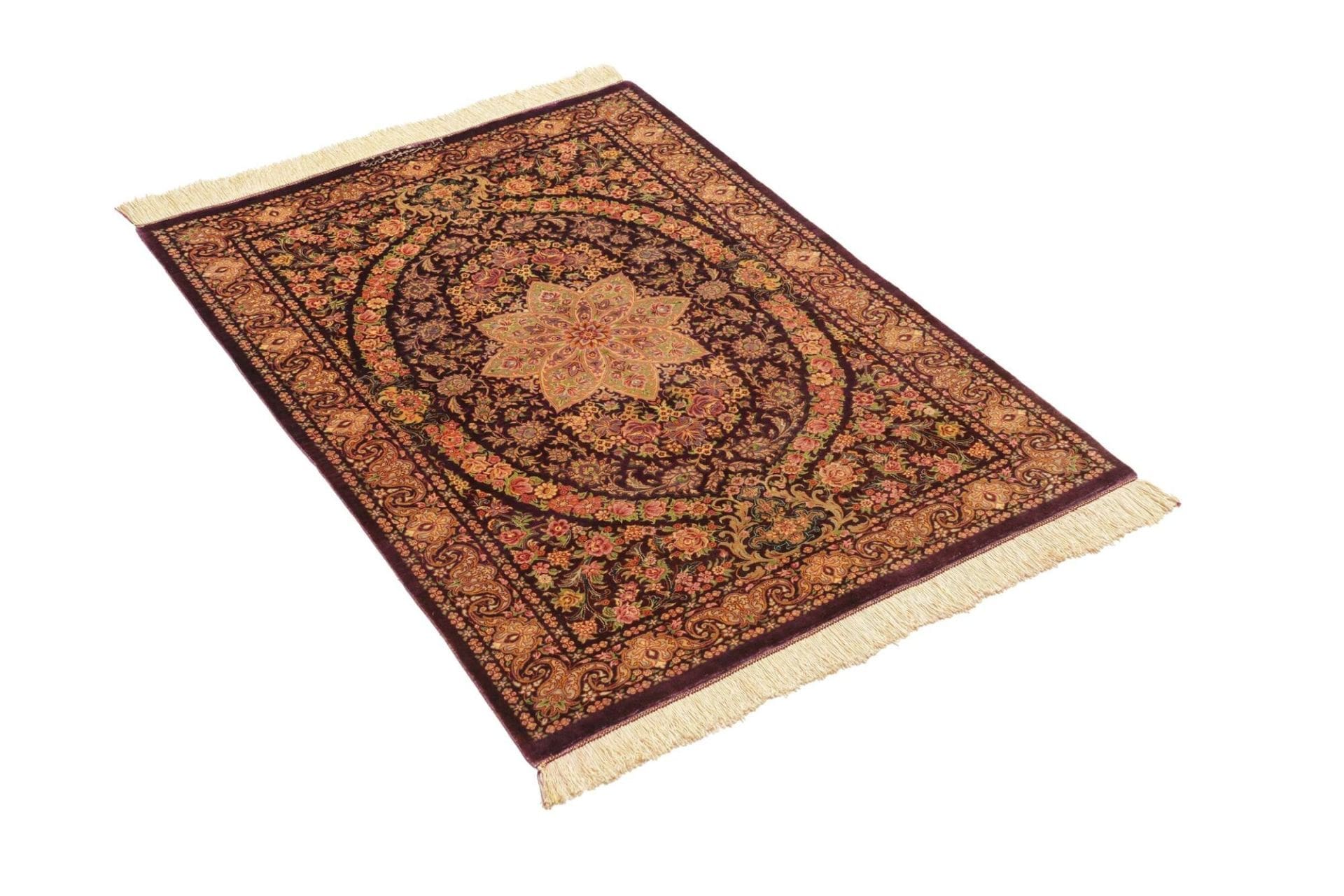 Hand-Knotted Silk Qom Persian Rug, 83 × 117 cm