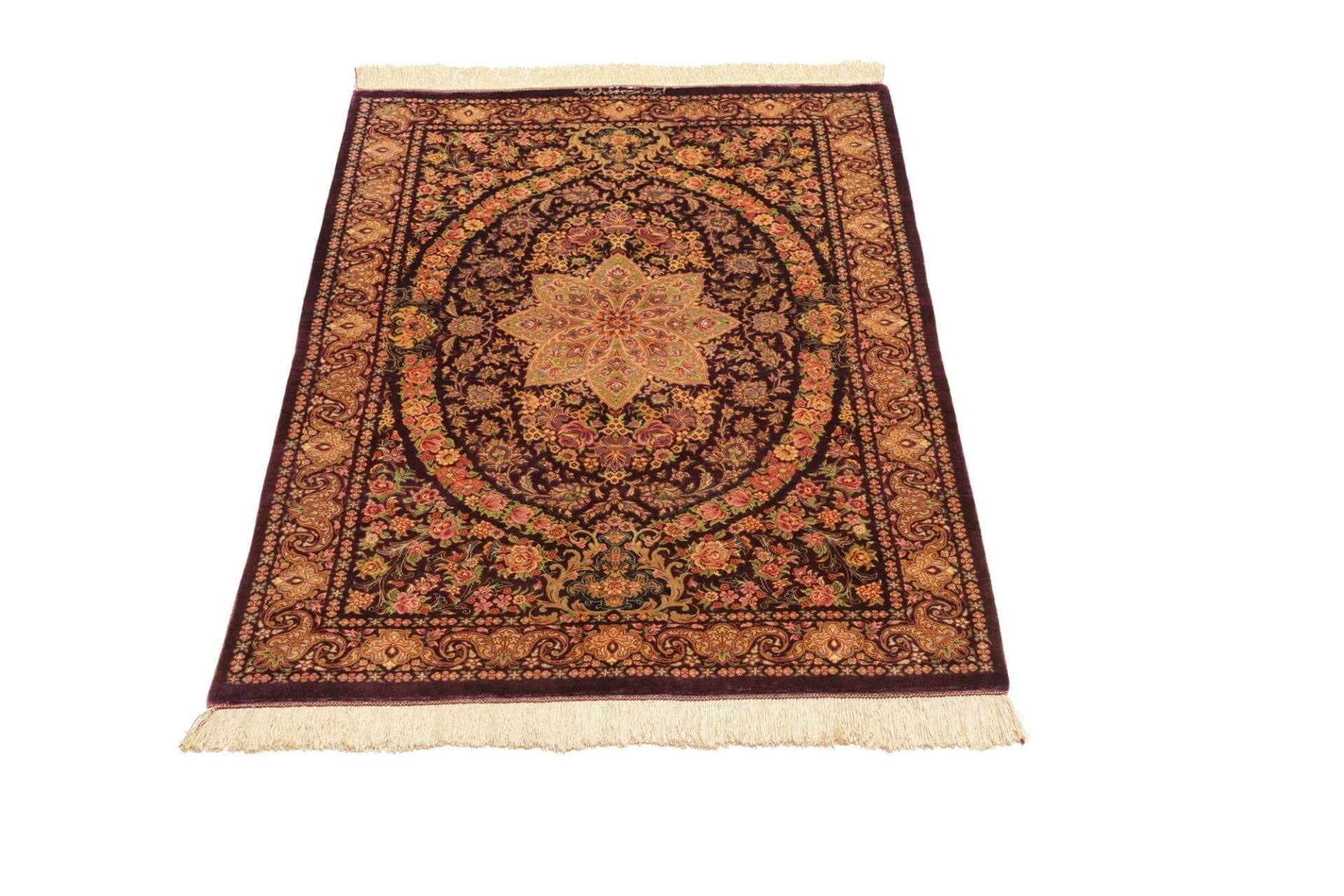 Hand-Knotted Silk Qom Persian Rug, 83 × 117 cm