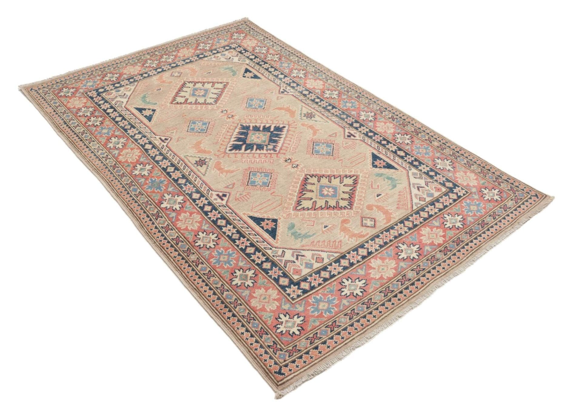 kazak-teppich-119-x-186-cm-geometrisches-muster-handgeknupft-2 Hand-Knotted Wool Kazak Pakistani Rug, 119 × 186 cm