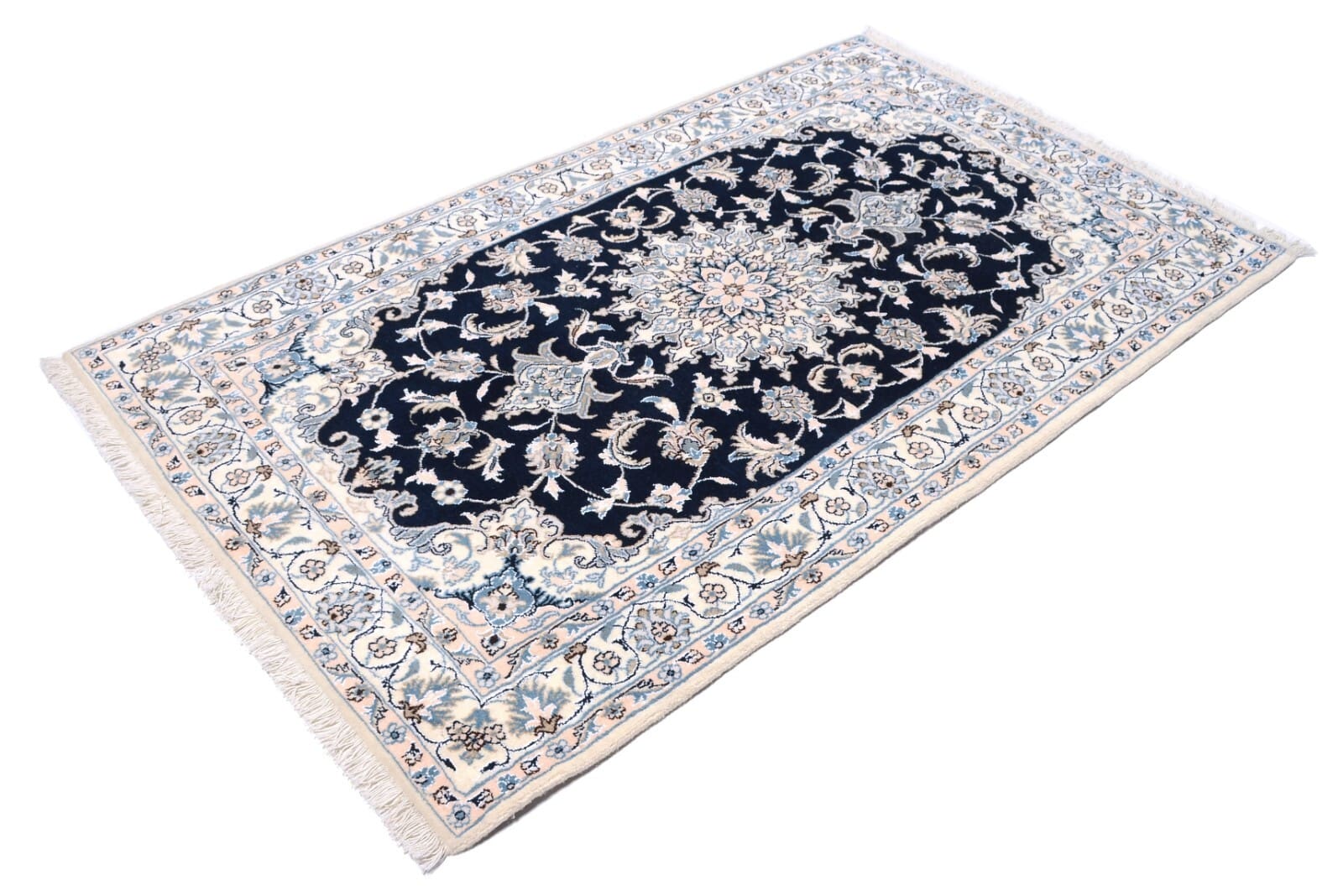handgeknupfter-perser-nain-teppich-199-x-119-cm-300000-knoten-blau Hand-Knotted Wool Nain Persian Rug, 197 × 118 cm