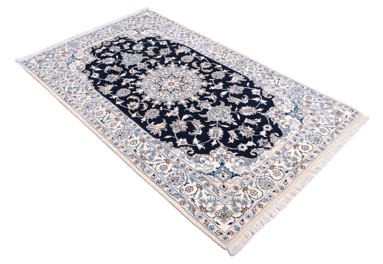 handgeknupfter-perser-nain-teppich-199-x-119-cm-300000-knoten-blau-1 Hand-Knotted Wool Nain Persian Rug, 197 × 118 cm