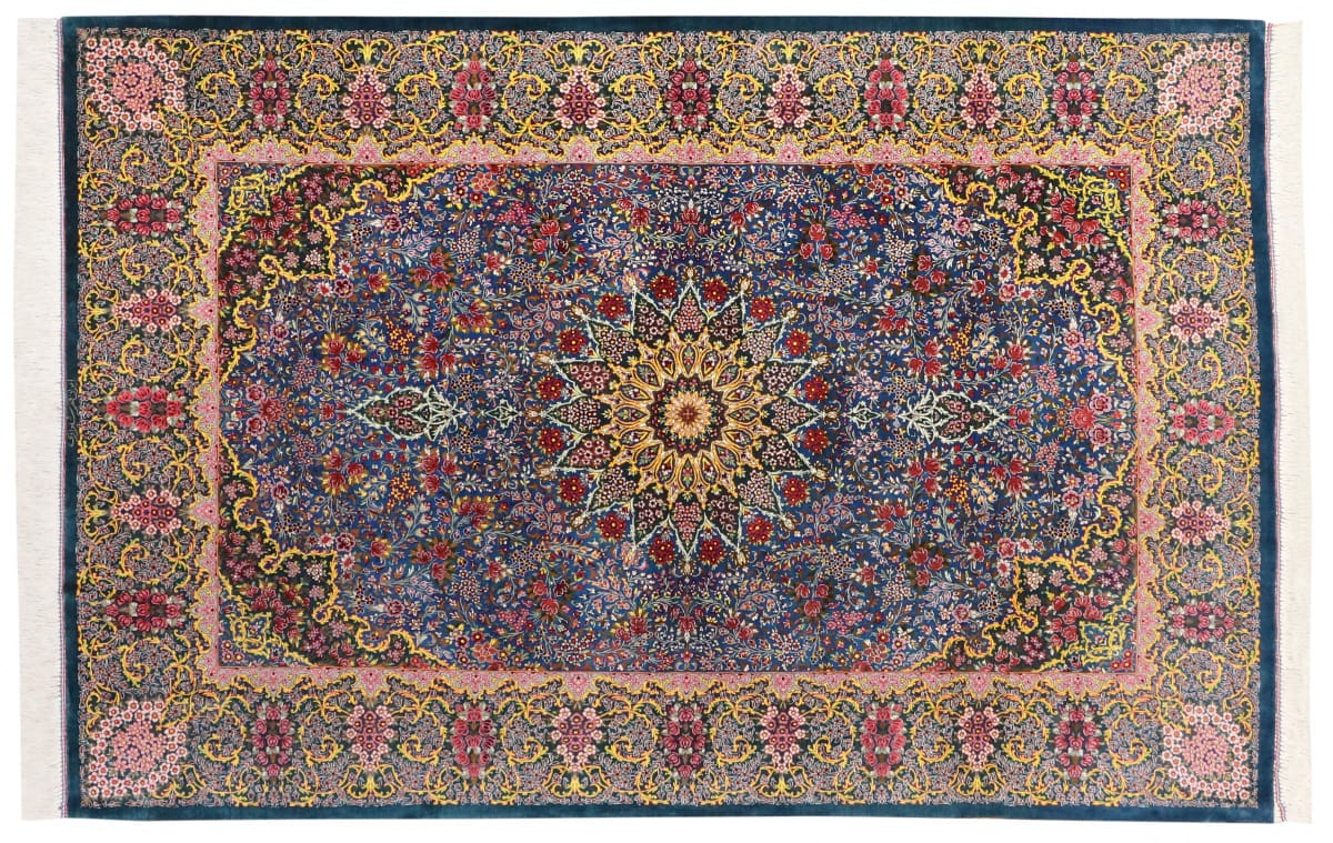 exklusiver-seidenteppich-ghom-blau-202x136-cm-naturfarben-handgeknupft Qom Persian Rug — hand-knotted, Wool