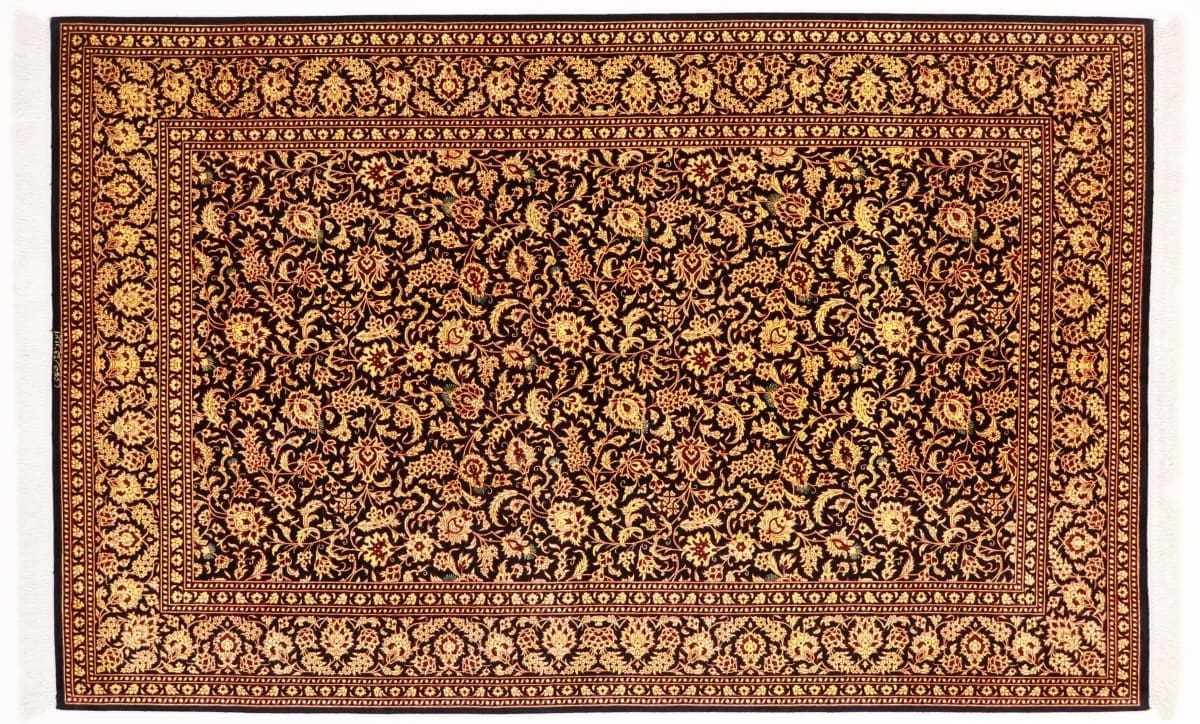 seidenteppich-ghom-202x131-cm-schwarz-gold-handgeknupft-orientteppich Qom Persian Rug — handmade, Wool