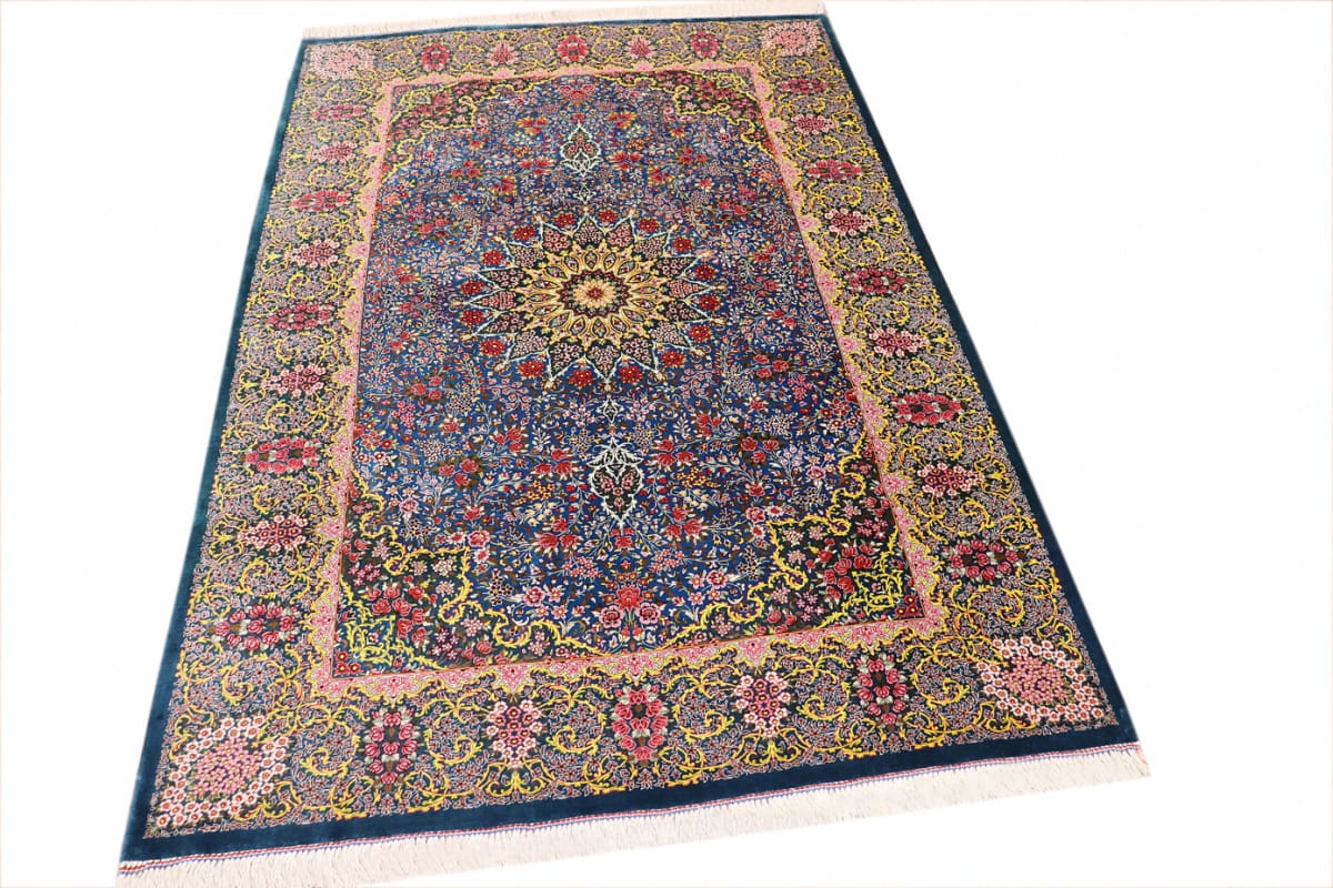 exklusiver-seidenteppich-ghom-blau-202x136-cm-naturfarben-handgeknupft-1 Qom Persian Rug — hand-knotted, Wool