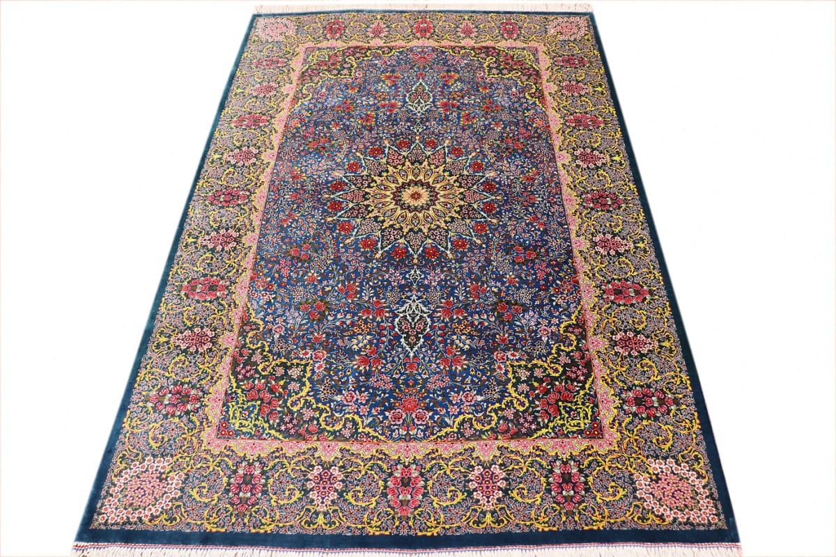 exklusiver-seidenteppich-ghom-blau-202x136-cm-naturfarben-handgeknupft-2 Qom Persian Rug — hand-knotted, Wool