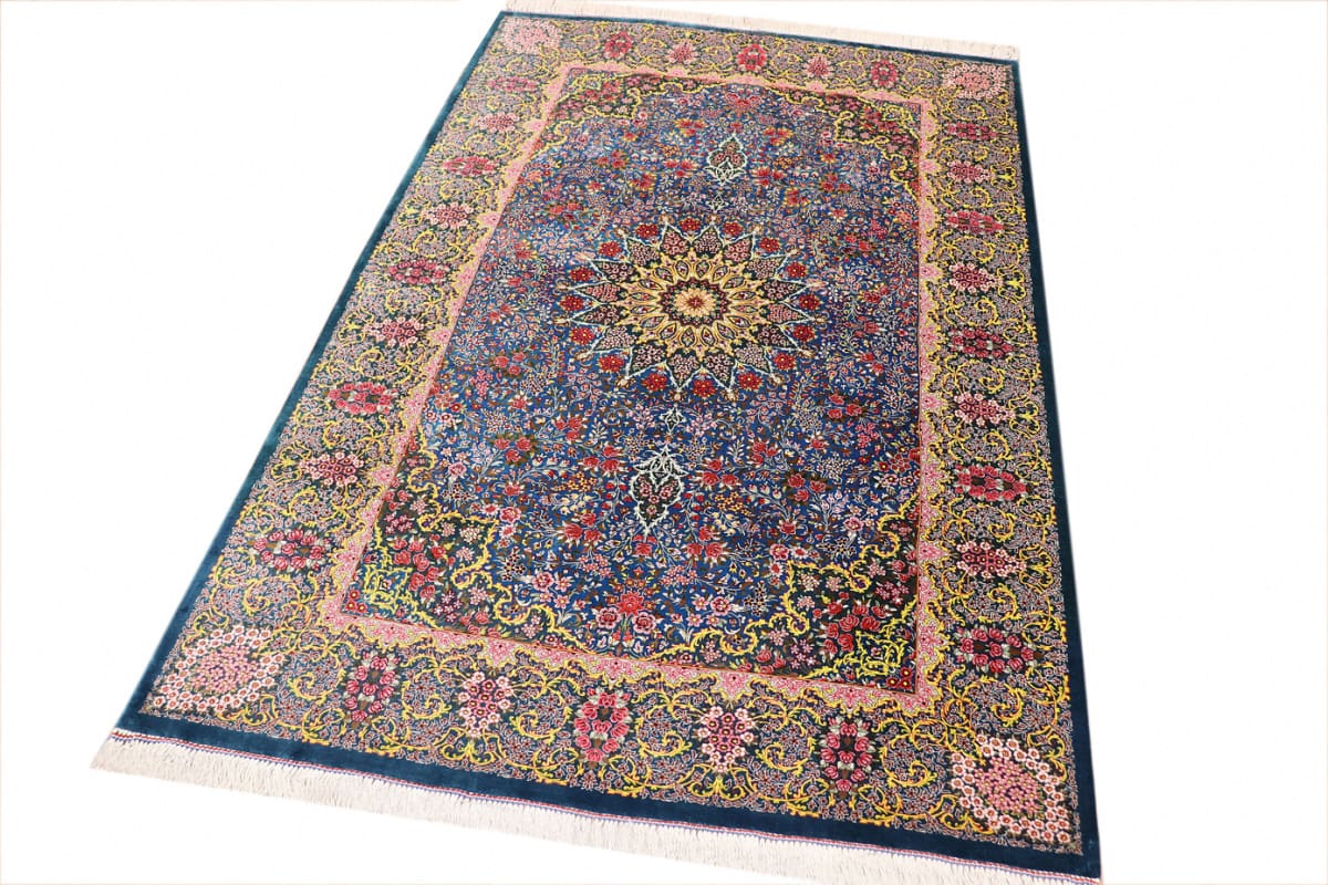 exklusiver-seidenteppich-ghom-blau-202x136-cm-naturfarben-handgeknupft-3 Qom Persian Rug — hand-knotted, Wool