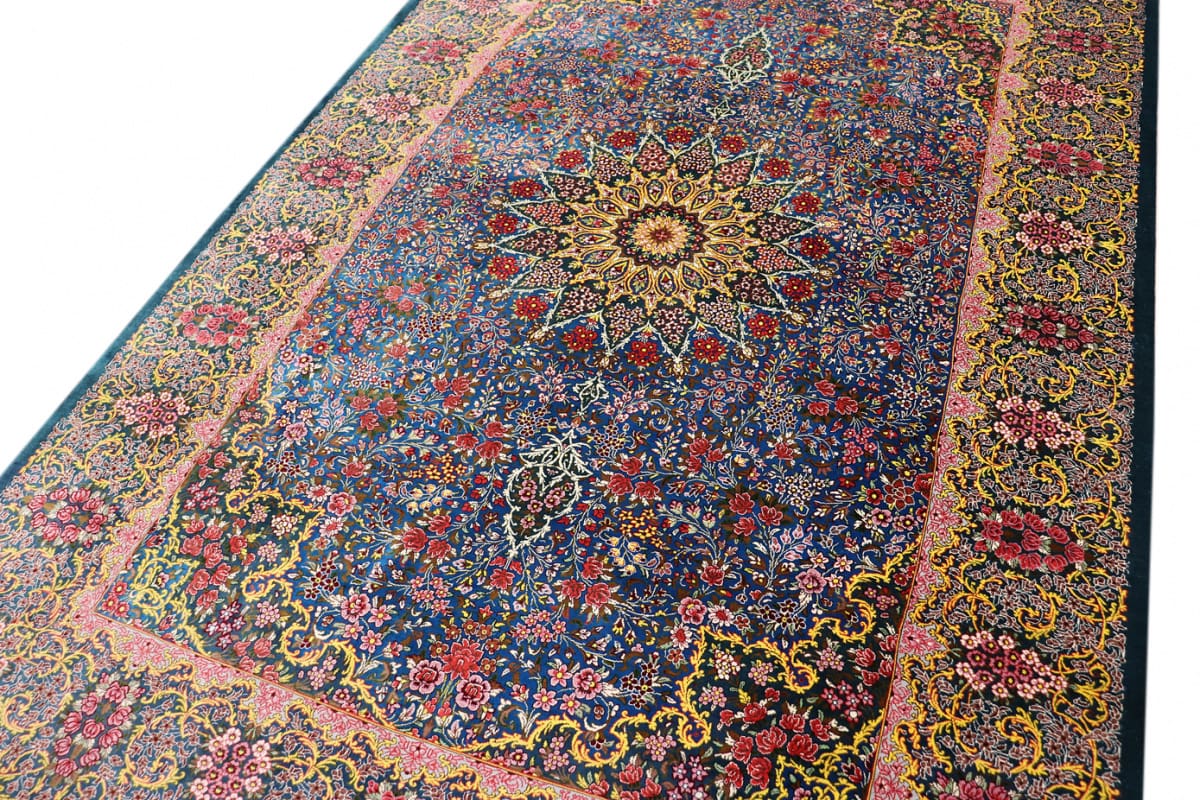 exklusiver-seidenteppich-ghom-blau-202x136-cm-naturfarben-handgeknupft-6 Qom Persian Rug — hand-knotted, Wool