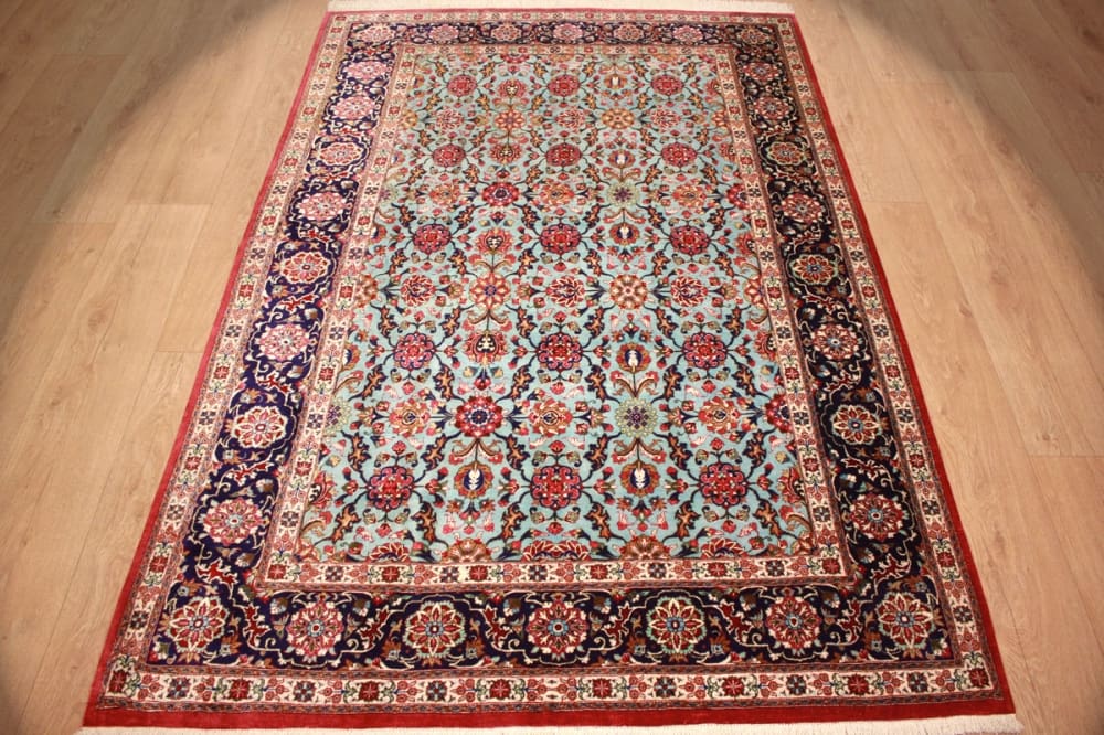 perser-teppich-ghom-202x136-cm-blau-seidenteppich-handgeknupft-1 Qom Persian Rug — hand-knotted, Wool