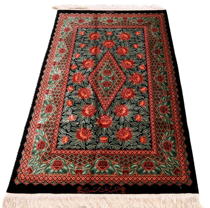 perserteppich-ghom-125-x-78-cm-seide-handgeknupft-grun-oliv-2 Hand-Knotted Silk Qom Persian Rug, 125 × 78 cm