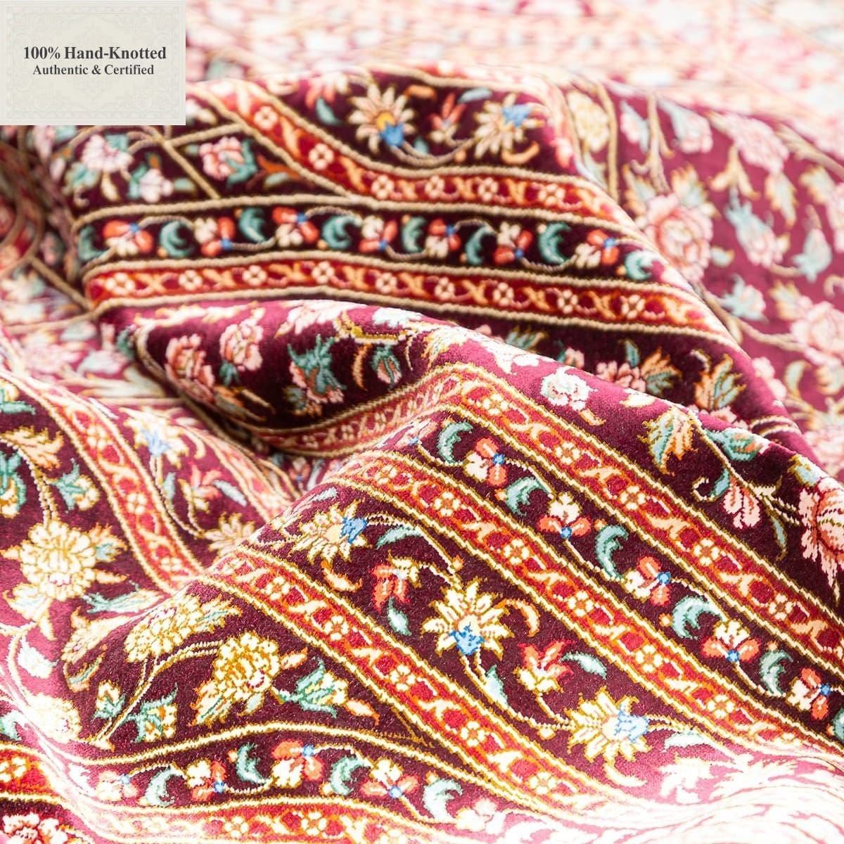 Qom Persian Rug — hand-knotted, 292 × 200 cm, Silk